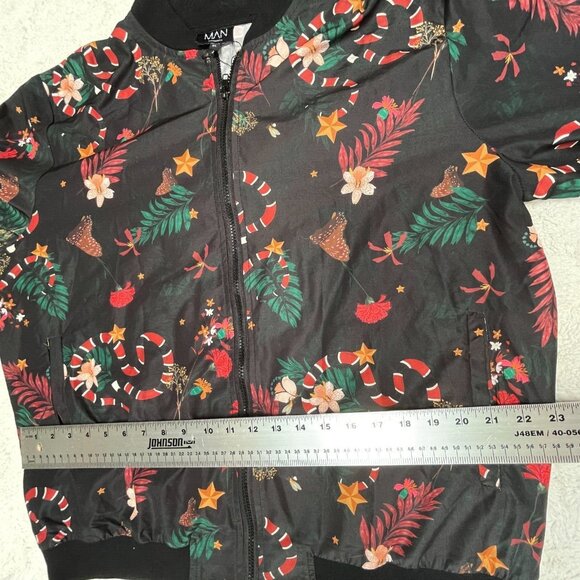 BoohooMan Womens Full Zip Jacket XL Star Floral Print Black Christmas Holiday - Picture 8 of 9